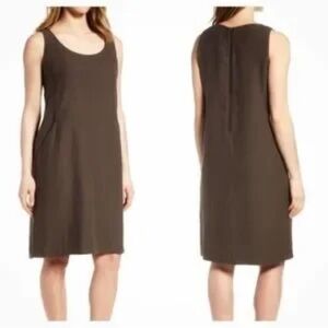 Eileen Fisher Brown sleeveless shift dress front pockets Tencel linen blend M